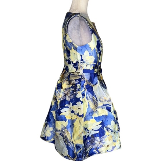 NWT Charm’s Paris Blue Yellow Watercolor Floral Bow Detail Fit & Flare Dress - M - Picture 5 of 9
